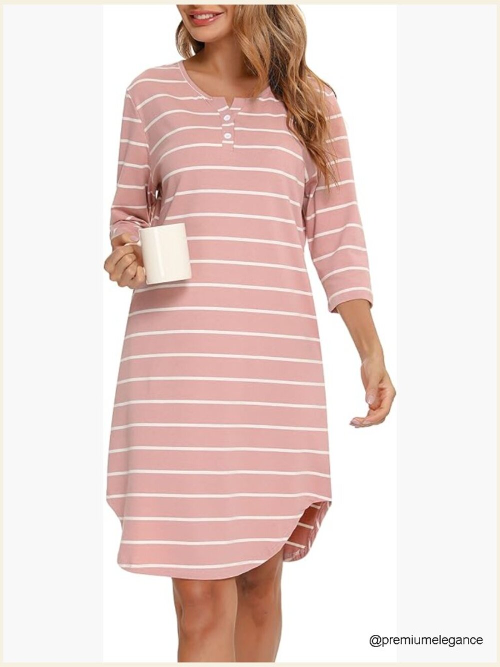 Soft Cotton Stripe Nightgown Short Sleeve Nightshirt Sleepwear with Pockets